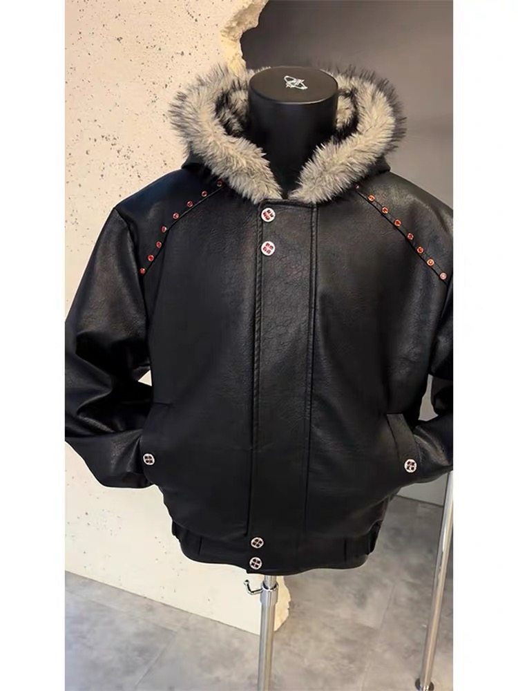 Urban Streetwear Brand - 퍼 칼라 내추럴 버튼 재킷 남성용